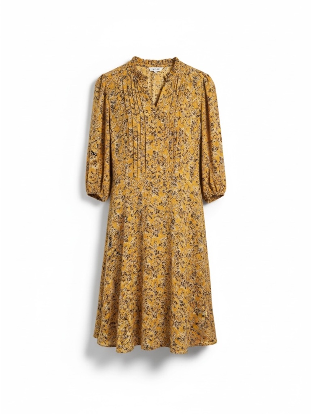 Nanette Lepore Pleated Yellow Ruffle Bib Neck Floral MIDI Dress Cottagecore 8